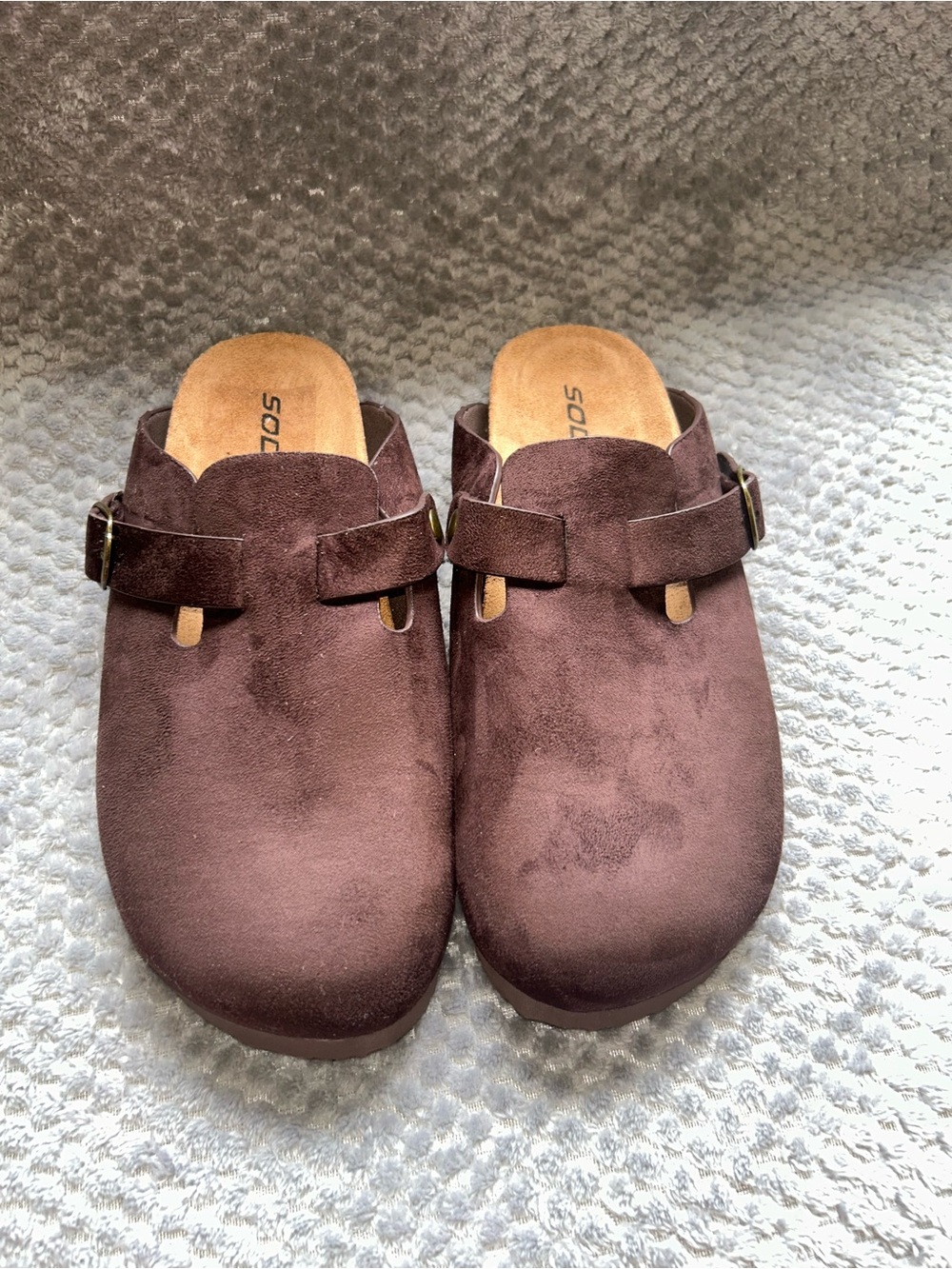 Soda Women's Dark Brown Suede Slip-On Clogs with Buckle
